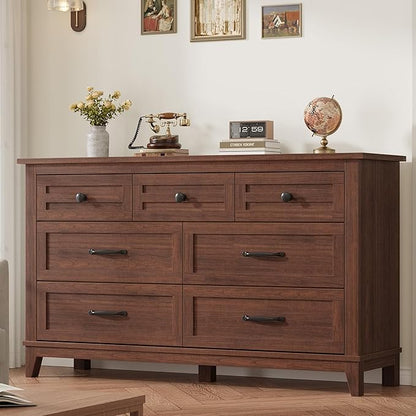 GarveeHome 7 Dresser for Bedroom, 54 in Wide Drawer Dresser with Storage Freestanding, Wooden Closet Storage Chest for Living Room, Bedroom, Entryway, Walunt