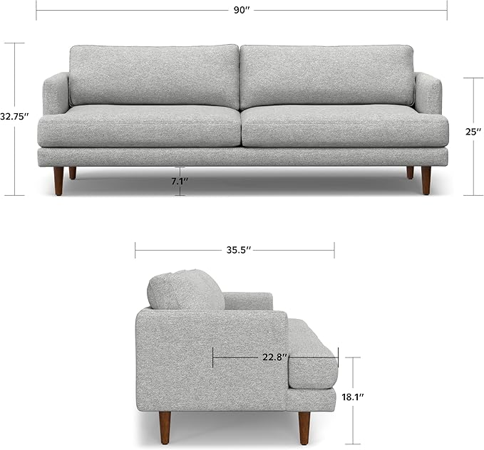 SIMPLIHOME Livingston 90-inch Wide Sofa in Mist Grey Woven-Blend Fabric, Handcrafted Mid-Century Modern Oversized 3-Seater Couch Sofa for Living Room or Family Room, Solid Wood Frame