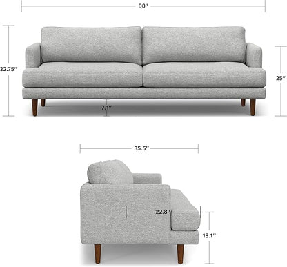 SIMPLIHOME Livingston 90-inch Wide Sofa in Mist Grey Woven-Blend Fabric, Handcrafted Mid-Century Modern Oversized 3-Seater Couch Sofa for Living Room or Family Room, Solid Wood Frame
