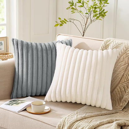 Pallene Faux Fur Plush Throw Pillow Covers 26x26 Set of 2, Luxury Soft Fluffy Striped Decorative Pillow Covers for Sofa, Couch, Living Room, Grey