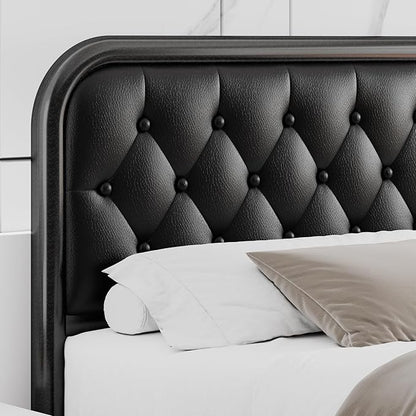 King Size Bed Frame, Upholstered Bed with Button Tufted Leather Headboard and Footboard, Metal U-Shape Support Foundation, No Box Spring Required, Black