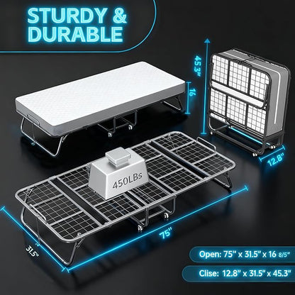 Pataku Folding Bed with Mattress, Twin Foldable Bed, Roll Away Beds for Adults, 75" x 31" Roll Away Portable Beds with 5" Mattress, Folded Frame for Small Apartment, Guest Room