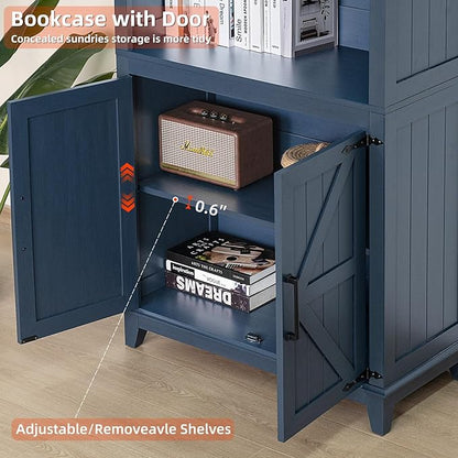 70in Tall Bookshelf 5 Tier Bookcase with Barn Doors and Adjustable Shelves, Blue Farmhouse Book Shelf with Storage Cabinet, Wood Freestanding Display Bookshelves for Bedroom, Kitchen (2PCS)