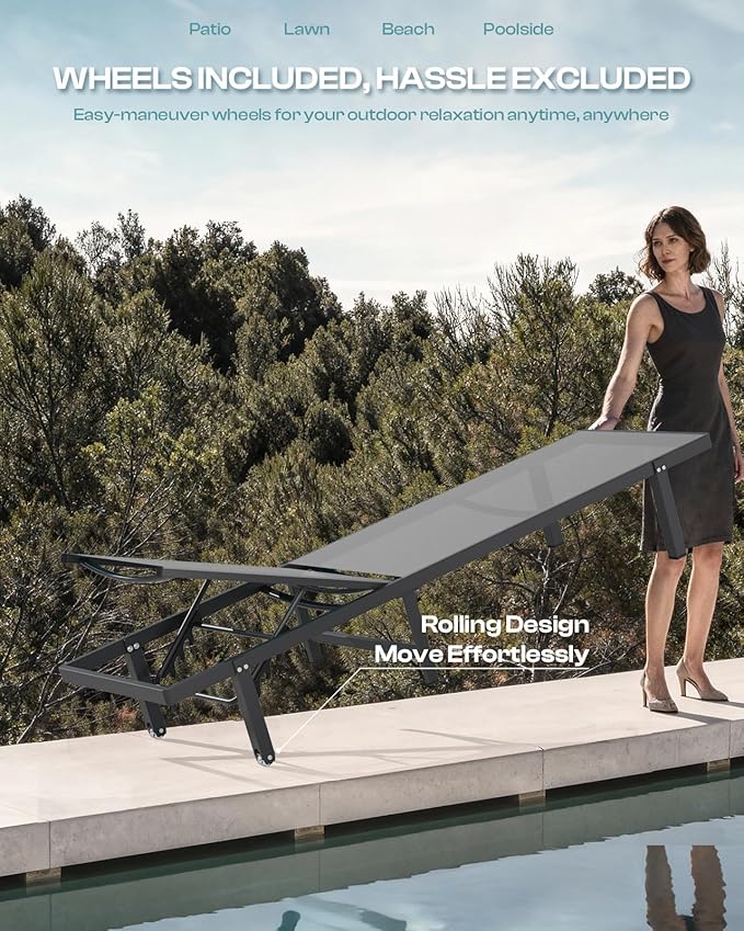 Pool Lounge Chairs, Chaise Lounge Outdoor with Wheels and 5-Position Recliner -Easy to Move- Aluminum Patio Lounge Chair for Poolside, Deck (Darkgray)