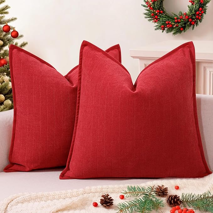 ZWJD Christmas Pillow Covers 20x20 Set of 2 Chenille Throw Red Cushion Covers with Elegant Design Soft and Luxurious Decorative Pillows for Couch, Bed, and Christmas Decor