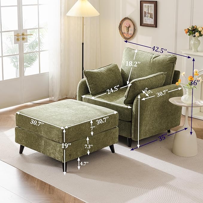 Oversized Accent Chair with Ottoman,All Seats Storage,Comfy Armchair,24.5'' Deep Seat,Upholstered Living Room Chairs,Reading Chair,Lounge Chair for Bedroom,Office,Chenille,Green