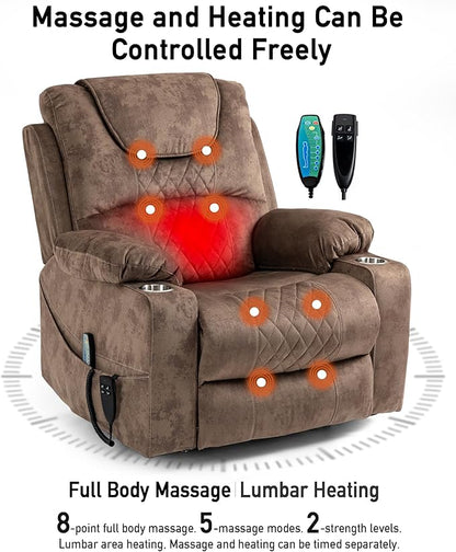 Oversized Lazy Boy Recliner Chair, 2 Motor Leather Recliner, Nursing Lift Chair with Massage and Lumbar Heating, Functional Adult Power Recliner with Cup Holders