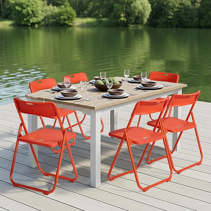 Karl home 6 Pcs Folding Chair, 300LBS Lightweight Foldable Plastic Chair, Reinforced Metal Frame Easy to Fold & Store for Indoor & Outdoor, Wedding, Party, Meeting Room, Patio and Garden, Orange
