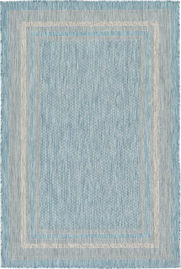 Unique Loom Outdoor Border Collection Area Rug - Soft Border (4' 1" x 6' 1" Rectangle, Aquamarine/ Ivory)