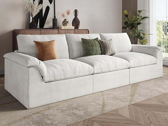 EASE MOOSE Oversized Boneless Couch for Living Room, Sectional Cloud Sofa, Modular Cloud Couch, 3-Seater Deep Seat Sofas with Pillow for Bedroom, Apartment, No Assembly Required, Chenille (White)