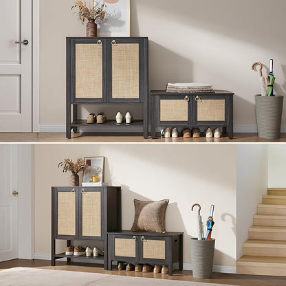 SICOTAS Rattan Shoe Storage Cabinet - 5 Tier Farmhouse Boho Shoe Storage Organizer Cabinet with Doors and Shelves, Tall Shoe Rack for Entryway, Hallway, Living Room, Closet (Obsidian)