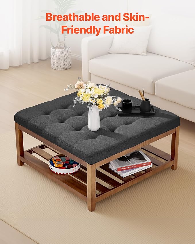 VEVOR Large Square Ottoman Coffee Table, 34.5 Inch Tufted Coffee Table with Solid Wood Shelf Storage, Linen Solid Upholstered Footrest Ottoman for Bedroom Living Room, 400 LBS, Dark Grey