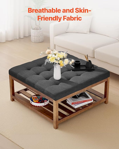 VEVOR Large Square Ottoman Coffee Table, 34.5 Inch Tufted Coffee Table with Solid Wood Shelf Storage, Linen Solid Upholstered Footrest Ottoman for Bedroom Living Room, 400 LBS, Dark Grey