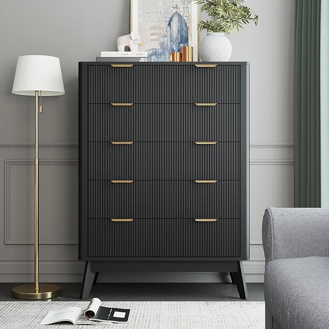 Fluted 5 Drawer Dresser, Tall Dresser with Deep Drawers, Wood Chest of Drawers for Bedroom, Modern Tall Chest Storage Organizer, Natural Finish for Hallway, Entryway, Living Room(Black)