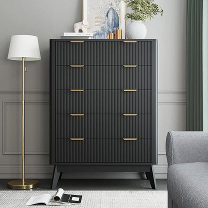 Fluted 5 Drawer Dresser, Tall Dresser with Deep Drawers, Wood Chest of Drawers for Bedroom, Modern Tall Chest Storage Organizer, Natural Finish for Hallway, Entryway, Living Room(Black)