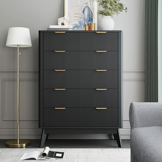 Fluted 5 Drawer Dresser, Tall Dresser with Deep Drawers, Wood Chest of Drawers for Bedroom, Modern Tall Chest Storage Organizer, Natural Finish for Hallway, Entryway, Living Room(Black)