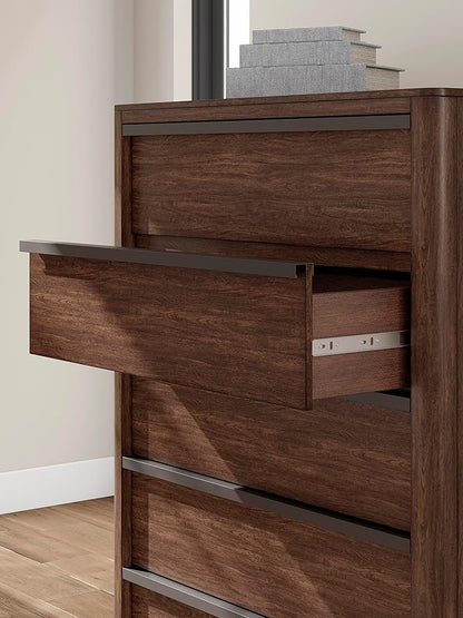 Signature Design by Ashley Kendamor Contemporary 5-Drawer Chest with Felt-Lined Top Drawer and Easy Glide for Bedroom, Dark Brown