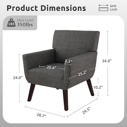 Upholstered Accent Chair,Mid Century Modern Linen Fabric Living Room Chair with Arm,Comfy Wingback Club Armchair for Bedroom Reading Dark Grey