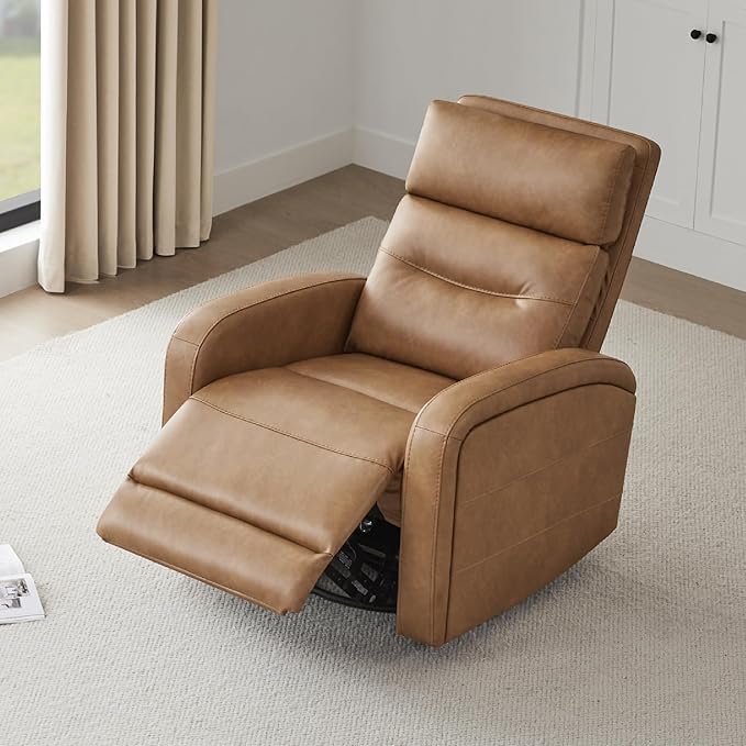 Watson & Whitely Swivel Recliner with Power Headrest, Recliner Chairs for Adults, Small Glider Rocker for Living Room, Faux Leather in Camel