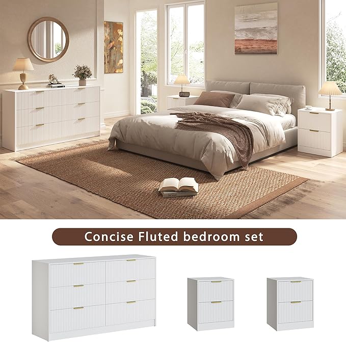 3-Piece Modern Bedroom Furniture Set, Wide 6-Drawer Dresser & 2-Drawer Nightstands Set of 2, Natural Wood Dresser and Nightstand Sets for Bedroom, Hallway, White