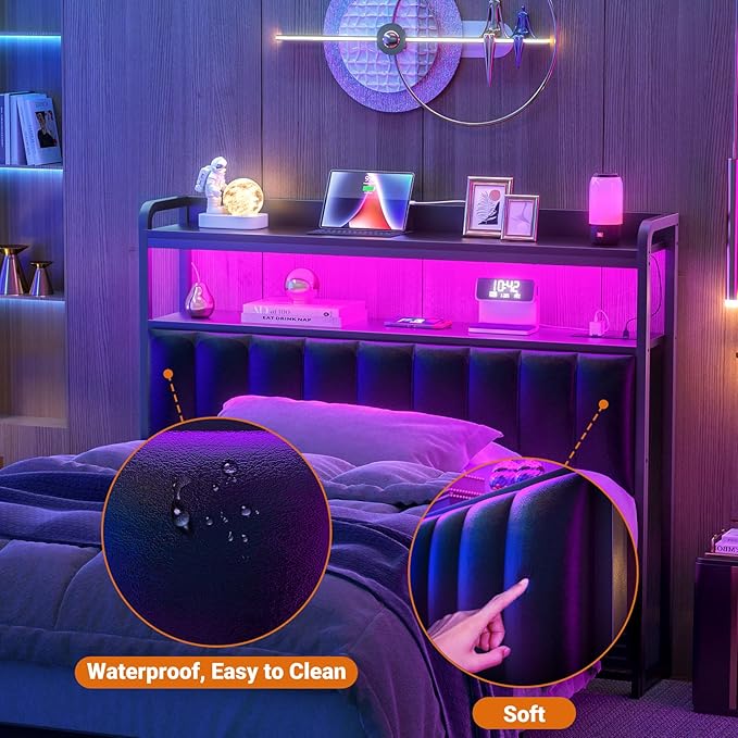 Aheaplus Headboard for Twin Size Bed Frame, Upholstered Headboards with Outlets, USB Ports and LED Light, Leather Head Board with Storage, Height Adjustable, Comfortable Headboard, Twin Size, Black