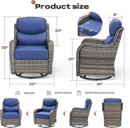 Rilyson 6 Piece Outdoor Patio Swivel Rocker Chairs, Waterproof Wicker, High Back, Deep Seating, Wide Armrest, Upgraded 6 inch Thick Cushions, Side Table, Ideal for Deck Porch Yard, Mixed Grey/Blue