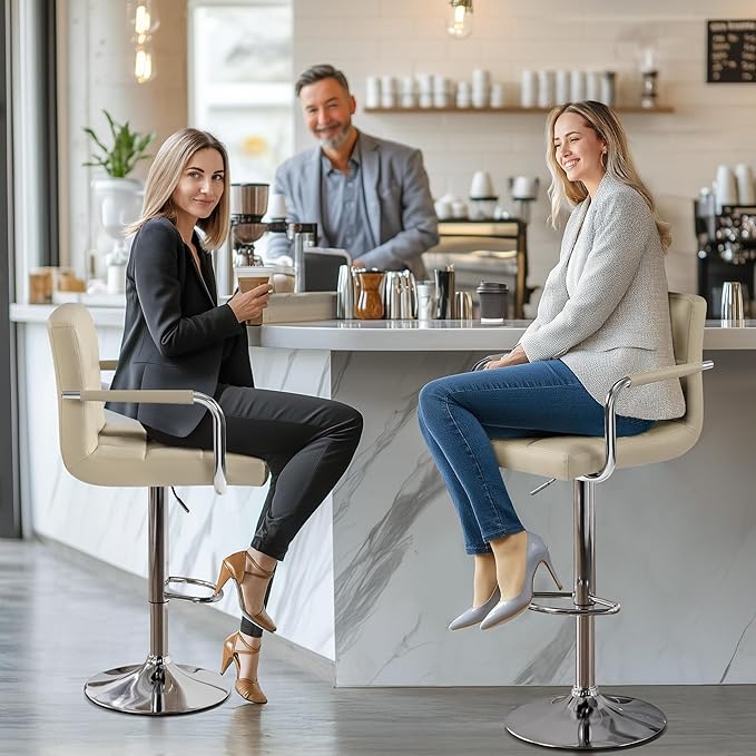 Yaheetech Bar Stools Set of 2, PU Leather Adjustable Swivel Barstools, Hydraulic Kitchen Counter Height Chairs with Armrest and Back for Kitchen, Dining Room, Khaki