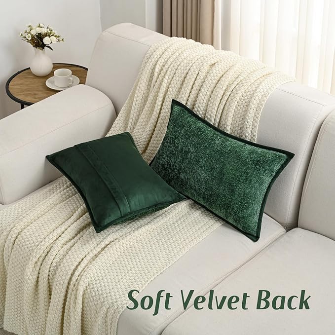 FUTEI Christmas Dark Green Chenille Throw Pillow Covers 12x20 Inch Set of 2,Soft Cozy Bound Edge Design Lumbar Pillow Cases,Home Decor for Couch Bed Living Room