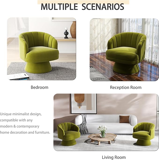 Swivel Accent Chair Set of 2,Upholstered Velvet 360° Swivel Barrel Chair for Living Room Overstuffed Bouncle Reading Chair Round Armchair for Bedroom,Vanity,Office (Grass Green)