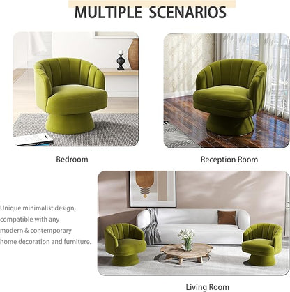 Swivel Accent Chair,Upholstered Velvet 360° Swivel Barrel Chair for Living Room Overstuffed Bouncle Reading Chair Round Armchair for Bedroom,Vanity,Office (Grass Green)