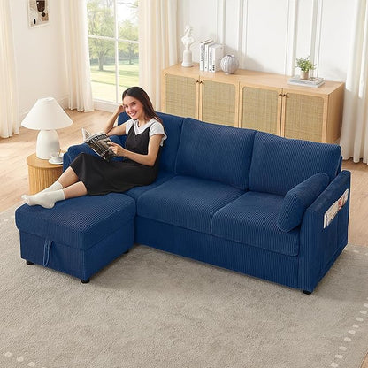 79" Small Couches with Storage Ottoman 3 Seat L Shaped Couch Sectional Sofa with Chaise Lounge for Apartment,Dorm,Bonus Room,Compact Spaces. (Blue, 3+OTT)