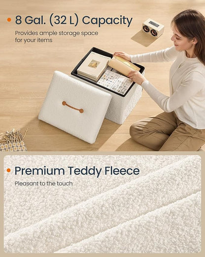 SONGMICS Small Folding Storage Ottoman, Foot Rest Stool, 12.2 x 16.1 x 12.2 Inches, Ottoman with Storage, Load up to 286 lb, for Living Room, Bedroom, Dorm, Cream White ULSF094W01