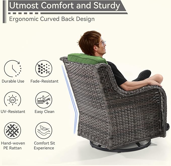 2 Pieces Outdoor Swivel Rocker Patio Chairs Set - Outdoor Wicker Patio Conversation Sets with 1 Side Table, Olefin Fabric Cushions Suitable for Backyard Deck and Porch, Green