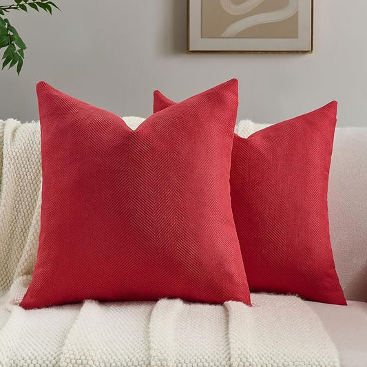 FUTEI Christmas Red Chenille Throw Pillow Covers 22x22 Inch Set of 2,Soft Wide Chevron Textured Cushion Case,Farmhouse Home Decor for Couch Bed Living Room