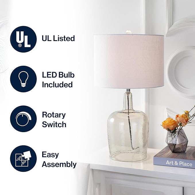 JONATHAN Y JYL4003A Augustine 26" Glass LED Table Lamp Modern Contemporary Bedside Desk Nightstand Lamp for Bedroom Living Room Office College Bookcase LED Bulb Included, Smoke Gray