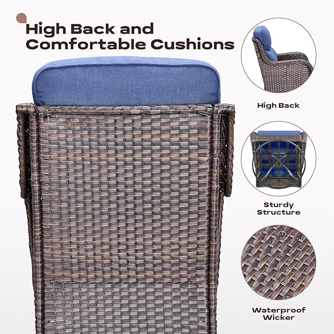 Rilyson Wicker Outdoor Patio Furniture Set - 6 Piece Patio Conversation Sets with Swivel Rocker Chairs, Ottomans, Sofa and Coffee Table, 6 inch Cushions, Deep Seating, for Porch Deck Brown/Blue