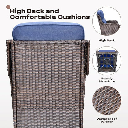 Rilyson 4 Piece Outdoor Patio Swivel Rocker Chairs, Waterproof Wicker, High Back, Deep Seating, Wide Armrest, Upgraded 6 inch Thick Cushions, Ideal for Deck Porch Backyard, Brown/Blue