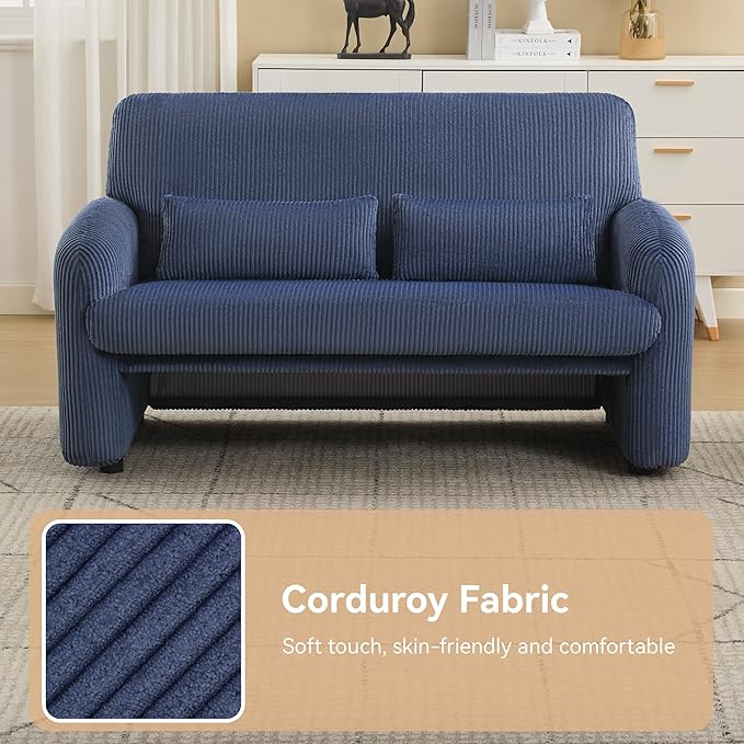56'' Corduroy Loveseat Sofa, 2 Seater Love Seat Couch for Small Space, Comfy Upholstered Modern Leisure Loveseat Couches with Lumbar Pillows for Bedroom, Office, Living Room, Blue