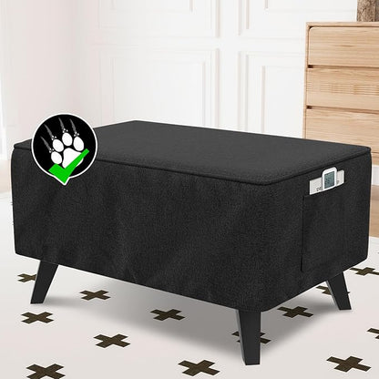 H.VERSAILTEX Ottoman Cover Rectangle Fit Length 49"-50" Footrest Linen Look Ottoman Slipcovers Thick Ottoman Covers Slipcover Rectangle Slipcovers for Ottomans Sturdy Foot Stool Cover - Heather Black