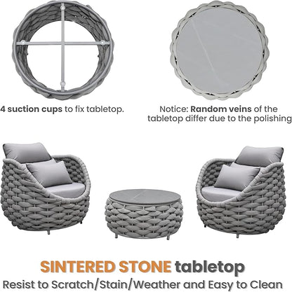 Front Porch Furniture Set: 3 Pieces Aluminum Patio Conversation Sofa Set for 2 - All Weather Woven Rope Outdoor Armchair Set w/Cushions No Assembly for Bistro Pool Yard Balcony Deck Hotel, Gray