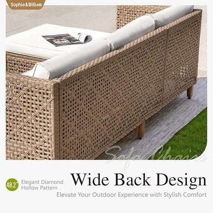 Sophia and William Boho Wicker Patio Furniture Set, Outdoor Rattan Sectional Sets Conversation Set - Weather-Resistant, with Dual Storage Coffee Table Acacia Wood Legs for Garden, Patio & Deck(Beige)