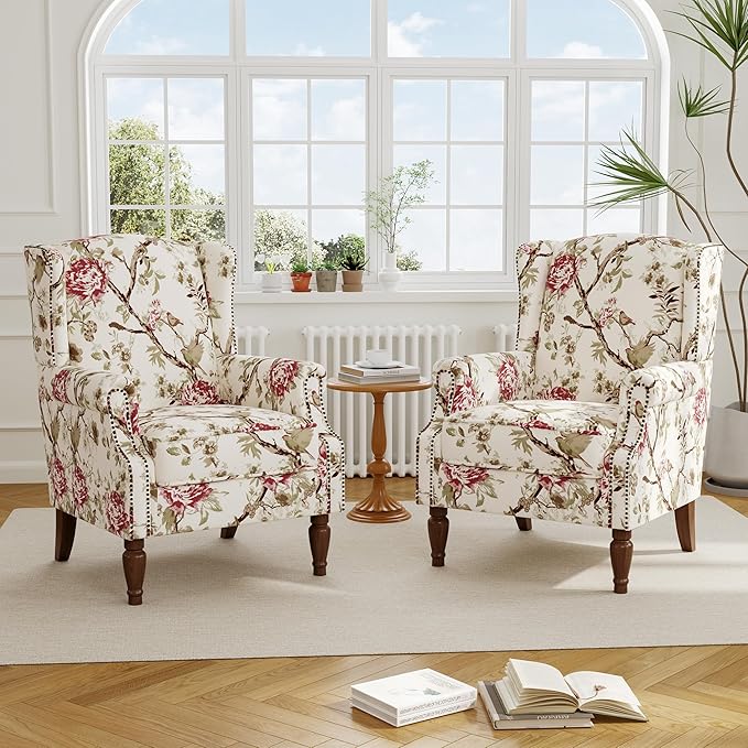 Accent Chair, Upholstered High Back Floral Armchair with Nailhead Trim & Wood Legs, Comfy Wingback Reading Single Sofa Chair for Small Spaces, Living Room, Bedroom (Pink Floral, Set of 2)