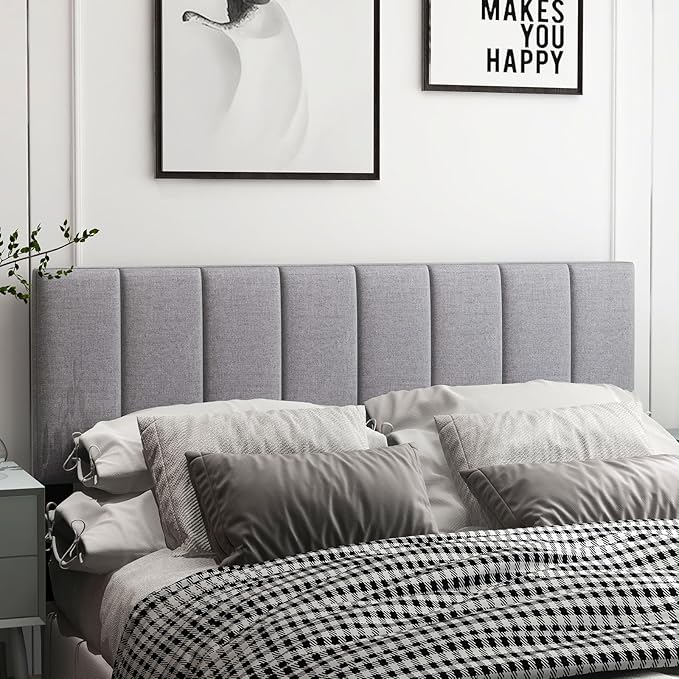 KOMFOTT Linen Upholstered Headboard for Full & Queen Size Bed, Vertical Channel Tufted Rectangular Headboard with Solid Wood Legs & Adjustable Width, Padded Bed Backboard, Easy Assembly (Gray)