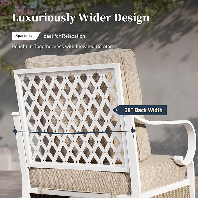 6 Piece Metal Outdoor Patio Furniture Set, Patio Conversation Set 1 3-Seater Sofa, 2-Seater Sofa, 2 Fixed Chair with 5.75" Thick Cushion & Coffee Table White Backyard Furniture, Beige