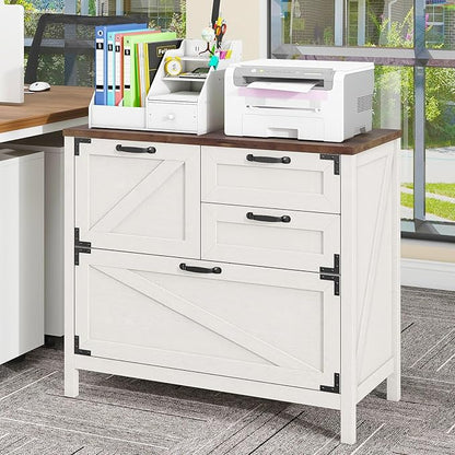 Lateral File Cabinet with 4 Drawers Farmhouse File Cabinet for Letter/Legal/A4 Size Hanging Files, Large Wood File Storage Cabinets Printer Stand for Home Office Cabinet, Rustic White