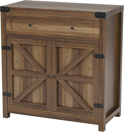 JUMMICO Coffee Bar Cabinet Farmhouse Kitchen Sideboard Buffet Cabinet with Drawer and Adjustable Shelf Barn Door Storage for Kitchen, Dining Room, Bathroom, Entryway (Brown)