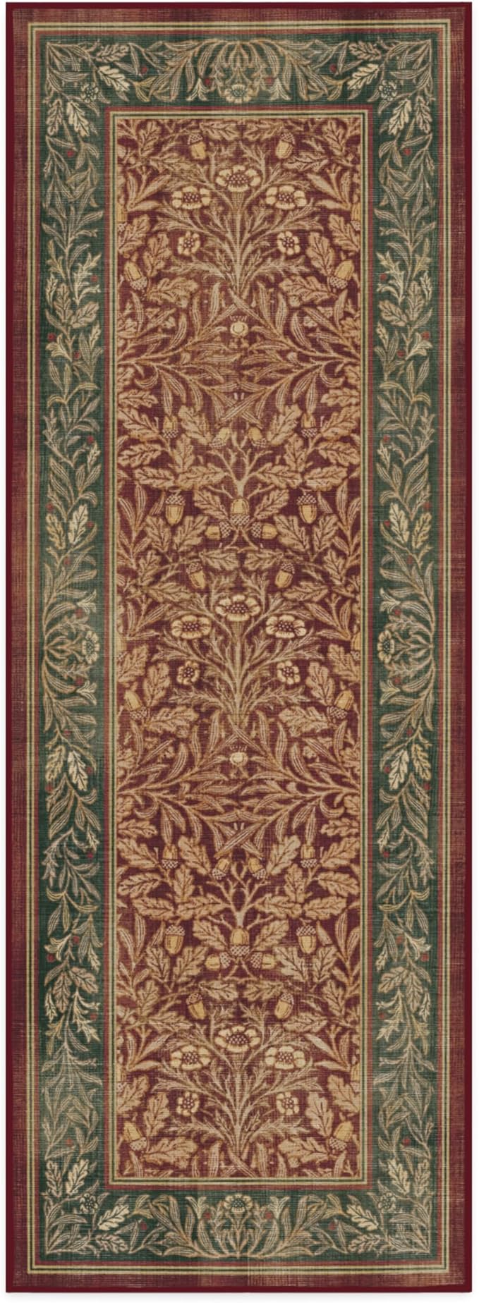 RUGGABLE x Morris & Co Machine Washable Christmas Runner Rug – Acorn Amber Red 2.5x7, Stain-Resistant, Non-Slip – Washable Rug for Hallway, Entryway, Living Room & Kitchen–with Cushioned Pad