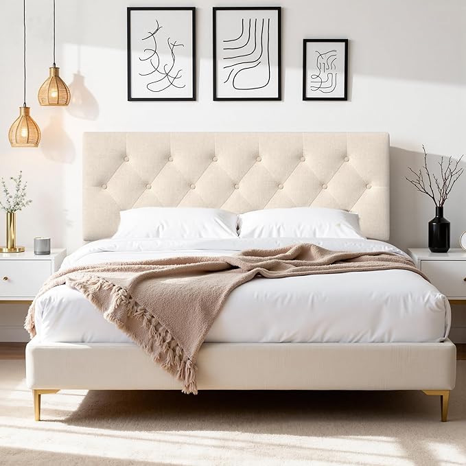 Tufted Upholstered Headboard Queen Size, Solid Wood Head Board with Durable Metal Legs, Linen Fabric Padded Headboard, Adjustable Height from 37” to 51”, Modern Button Design Head Board, Beige