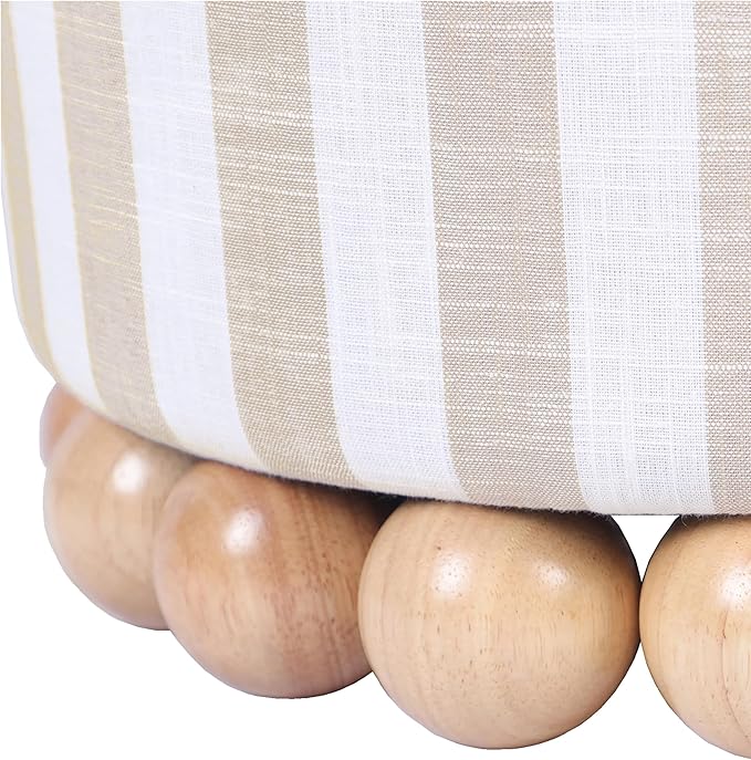 First of a Kind Ottoman Foot Rest - Beige Round Ottoman Stool with Solid Wood Spherical Orbs - 15.7" W x 15.7" D x 18.3" H - Handmade, Easy Clean, 330 lbs Weight Capacity