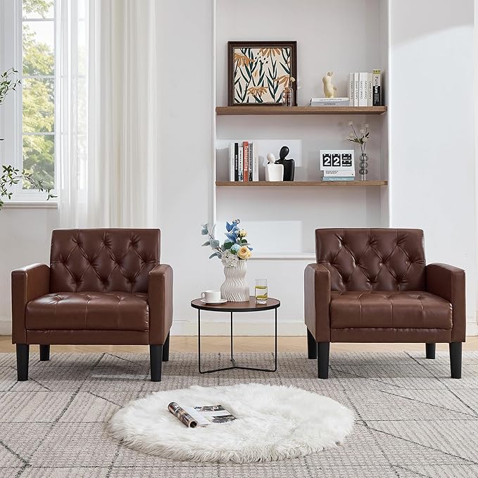 TYBOATLE Accent Chairs Set of 2 Comfy Living Room Chair Leather Tufted Mid Century Modern Accent Chair, Small Cozy Reading Arm Chair for Office, Bedroom (2, Brown)